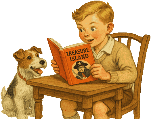 A boy reading Treasure Island