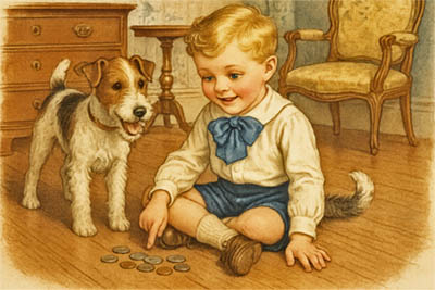 A boy counting coins, his dog watching