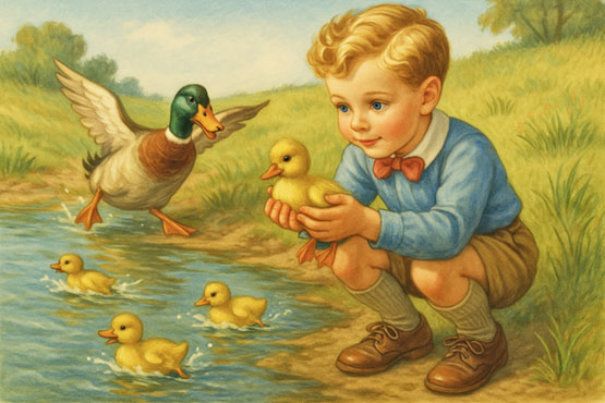 A young boy crouches by a pond holding a duckling, unaware as a drake approaches and the other ducklings splash away in panic.