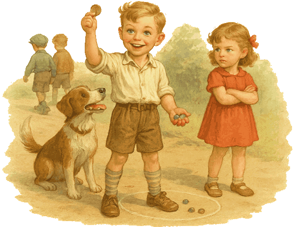 A proud boy shows off his coin after winning a marble game, while his sister sulks beside him.