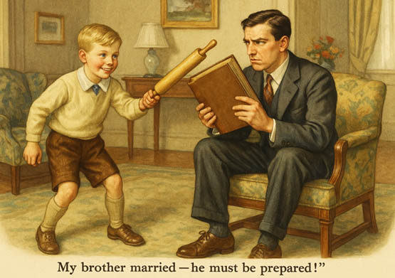 Vintage-style illustration of a mischievous boy pretending to fence with a rolling pin while his older brother reads a book and looks annoyed, with the caption “My brother married—he must be prepared!”