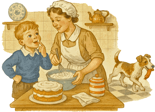 A boy is tasting whipped cream in the kitchen.