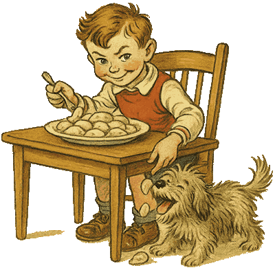 A boy feeding a dog under the table with dumplings.