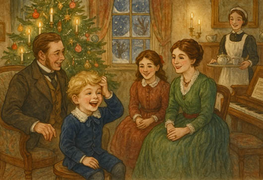Victorian family playing a memory game based on The Twelve Days of Christmas, with a young boy scratching his head trying to remember the next line.