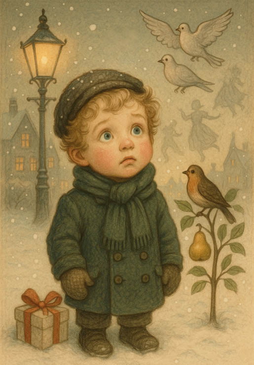 Victorian Christmas illustration of a young boy in winter clothes looking up at flying doves, a robin perched near a pear tree, and a wrapped gift on the snow