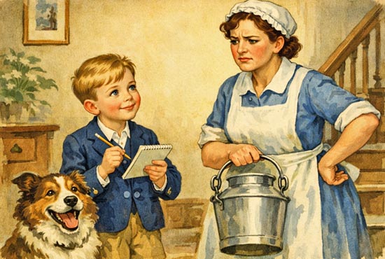A young boy with a notepad questions a house maid holding a milk pail inside a home.