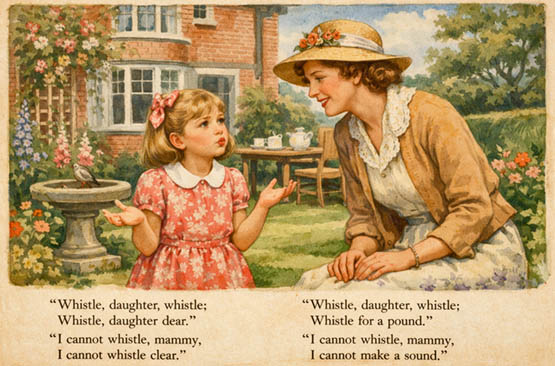 A mother encourages her daughter to whistle while the girl explains she cannot.