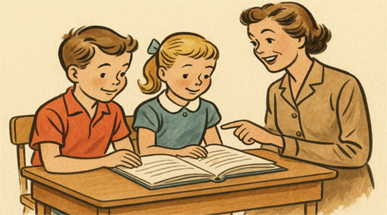 Teacher reading with two young children in a classroom, illustrating early reading through nursery rhymes.