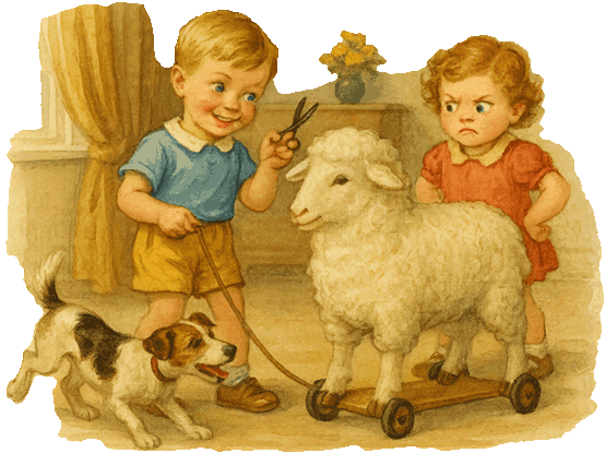 A smiling little boy holds scissors beside a toy sheep on wheels while his angry younger sister watches and the family dog prances excitedly.