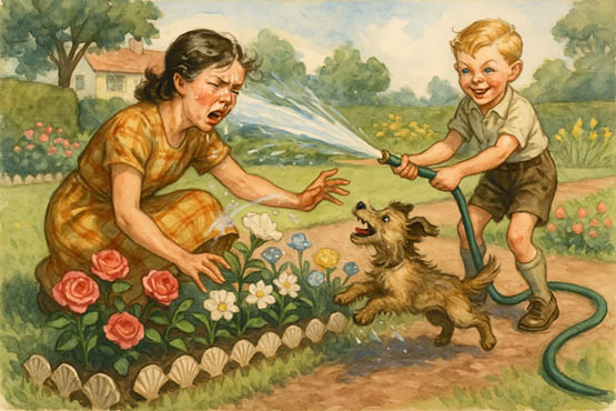 Boy sprays his older sister with a garden hose while she tends flowers in a 1930s garden.