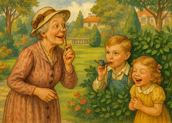 An elderly woman looks around a sunny garden for a bird, unaware that a boy is hiding in the bushes blowing a bird whistle while a little girl laughs.