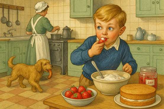 A mischievous boy eats a strawberry covered in cream in a vintage kitchen, while the maid works and a dog steals food behind him.