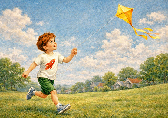 Remy flying a kite on a grassy hill